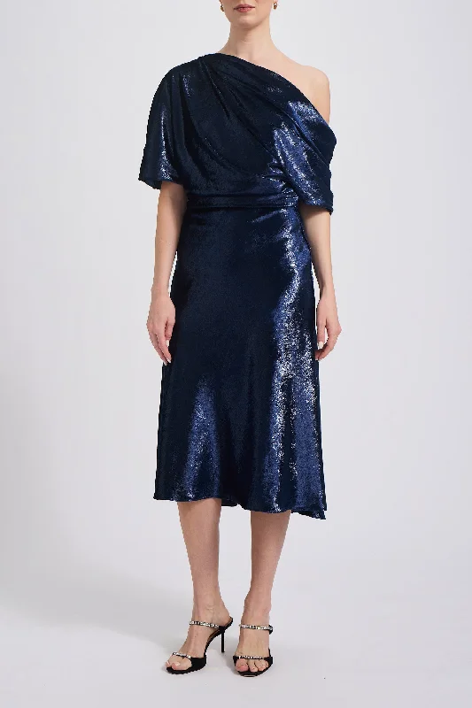 Navy Lamé Draped Cocktail Dress
